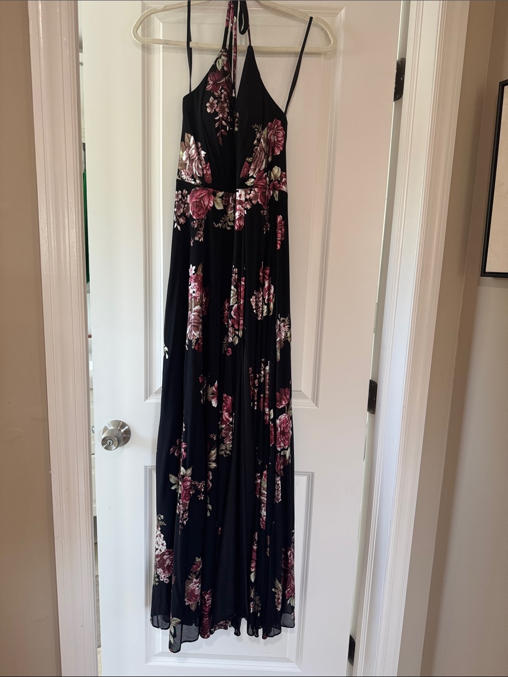 Beautiful Betsy & Adam Black Floral Maxi Dress with some metallic Rose Print